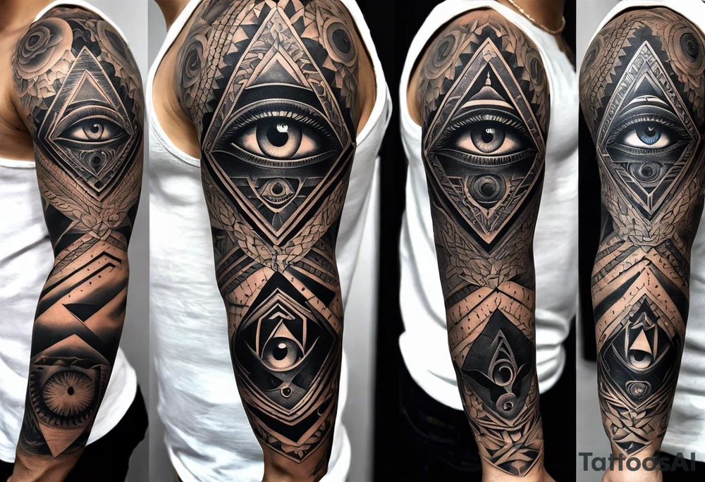 A full tattoo sleeve designed with a masculine and impactful aesthetic, featuring a central motif of a detailed eye enclosed within an equilateral triangle, symbolizing the all-seeing eye or third eye. The eye is intricately detailed, with shading that emphasizes depth and insight, while the equilateral triangle frames it with precision, enhancing its symbolic meaning. Surrounding this central element, incorporate roses and leaves, rendered with rich, detailed shading. The roses, symbolizing beauty and strength, and the leaves, adding natural elegance, are intertwined to create a seamless flow around the central eye. The shading throughout the design is deep and dramatic, adding contrast and depth to both the eye and the floral elements. The overall aesthetic focuses on strong shading and contrast to highlight the intricacies of the design, resulting in a powerful, masculine sleeve with a captivating balance between symbolic and artistic elements tattoo idea