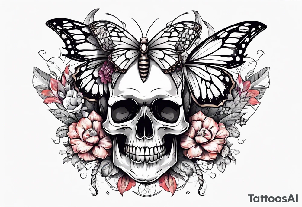 Skull tattoo with scorpions, butterflies, and flowers tattoo idea