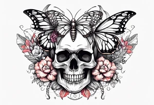 Skull tattoo with scorpions, butterflies, and flowers tattoo idea