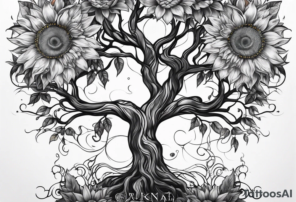 Feminine Yggdrasil tree with two sunflowers tattoo idea Feminine Yggdrasil tree with two sunflowers tattoo idea