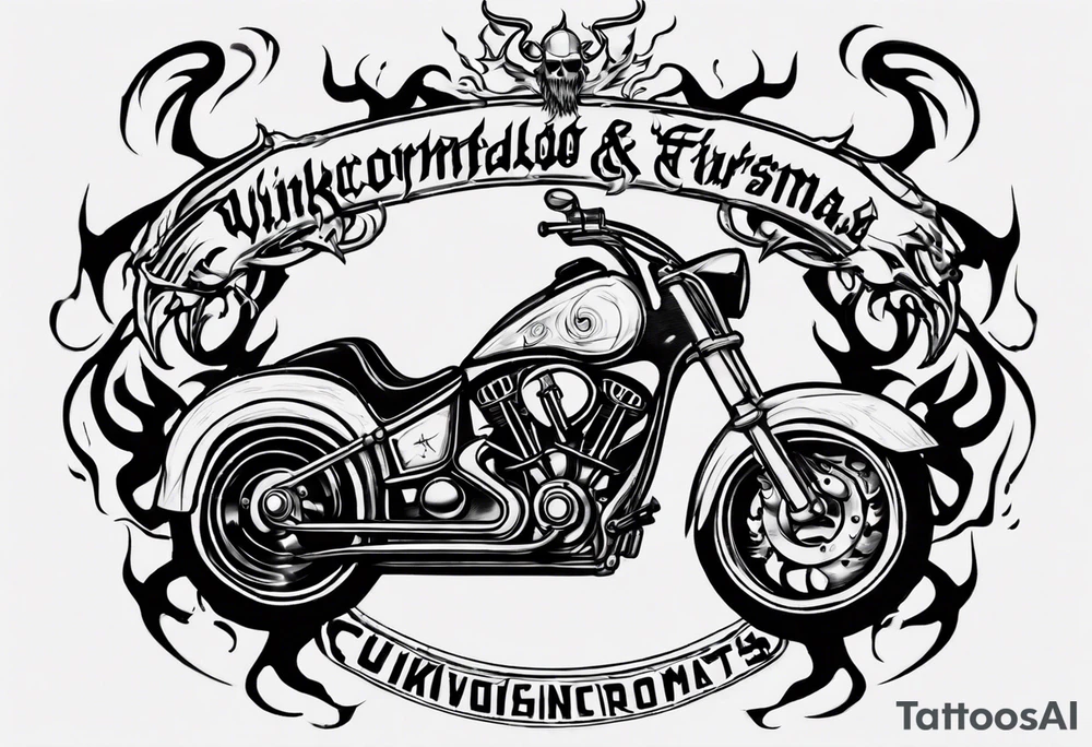 I want a detailed tattoo of a motorcycle surrounded by flames with the company name “Viking Customs” incorporated in the design tattoo idea