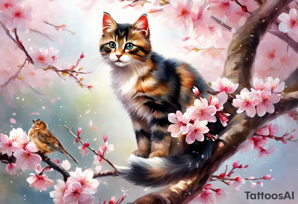 Generate a design to tatto on my biceps where a graceful pink cherry blossom tree extends vertically, occupying the full height of 15cm, with delicate blossoms scattered along its slender branches coloured with a watercolor effect. Nestled among the branches, a small, playful kitten is perched, gazing curiously outward. The kitten's fur can have intricate details, highlighting its softness and playfulness. Surrounding the kitten and the tree, some petals could be gently falling, adding a dynamic and serene feel to the design. This vertical composition would elegantly fit your biceps, creating a charming and feminine piece of art. tattoo idea