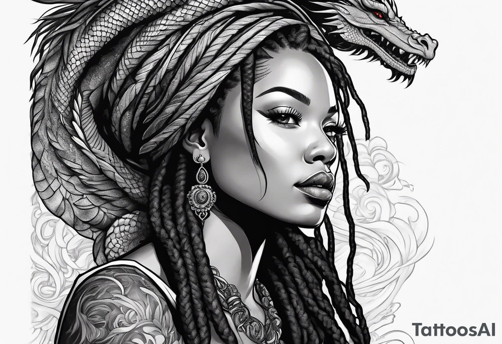 Woman with locs and red dragon in background tattoo idea