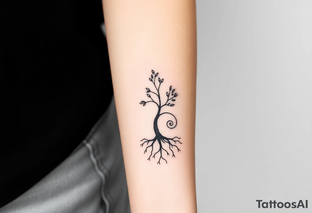 A tree with few leaves, with an outward spiral line (moving to the right), as its roots, encircling the entire tree tattoo idea