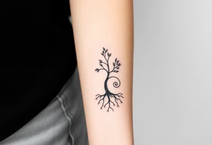 A tree with few leaves, with an outward spiral line (moving to the right), as its roots, encircling the entire tree tattoo idea