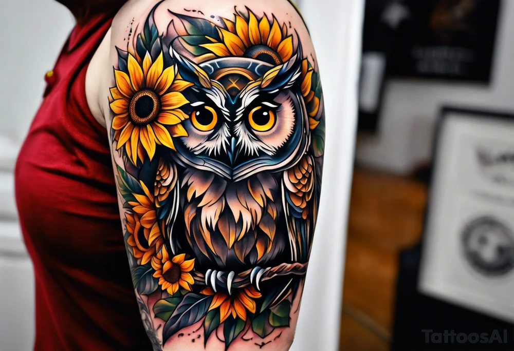 Owl and sunflower sleeve tattoo idea