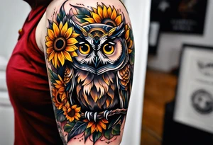 Owl and sunflower sleeve tattoo idea