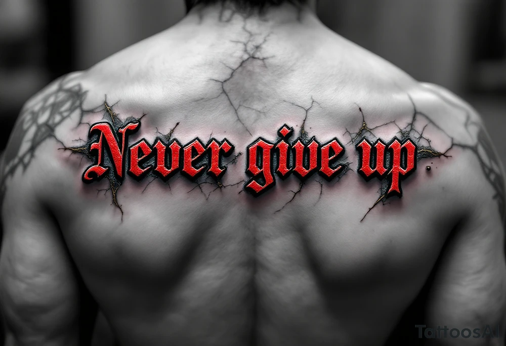 “Never give up” in crimson block letters, cracked like stone with hints of golden resilience lines. tattoo idea