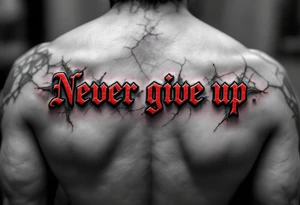“Never give up” in crimson block letters, cracked like stone with hints of golden resilience lines. tattoo idea