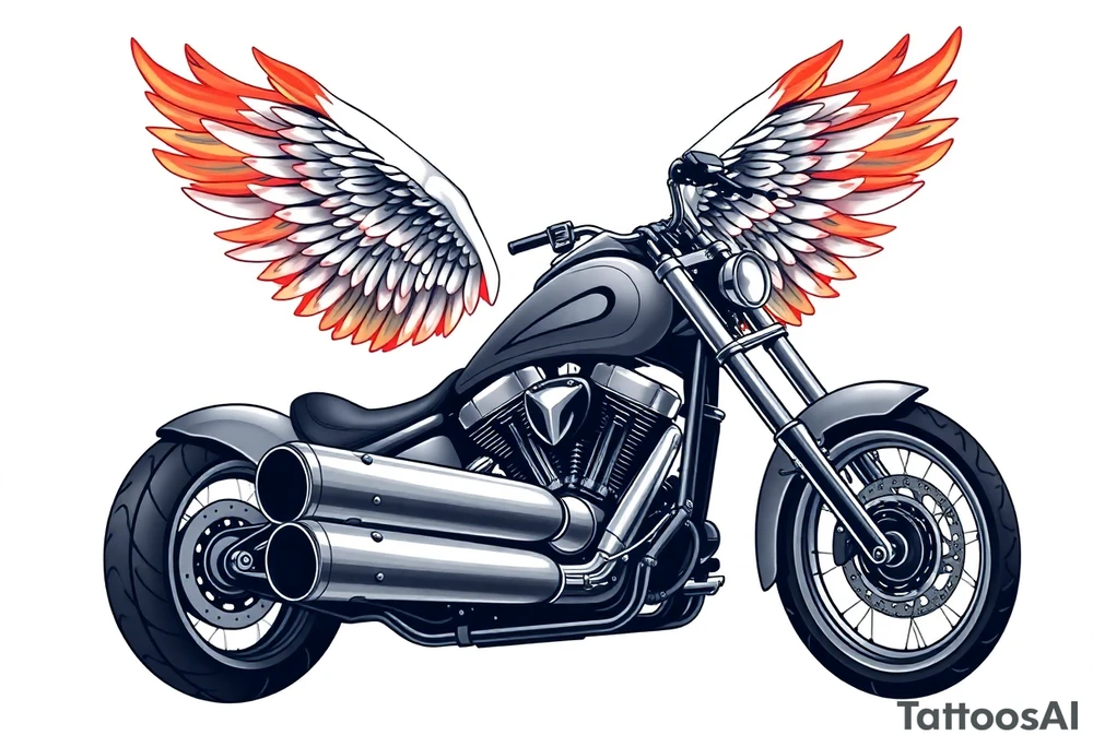 Low rider grey motorcycle, big muffler pipes with flames, angel wings, driving away, no person tattoo idea