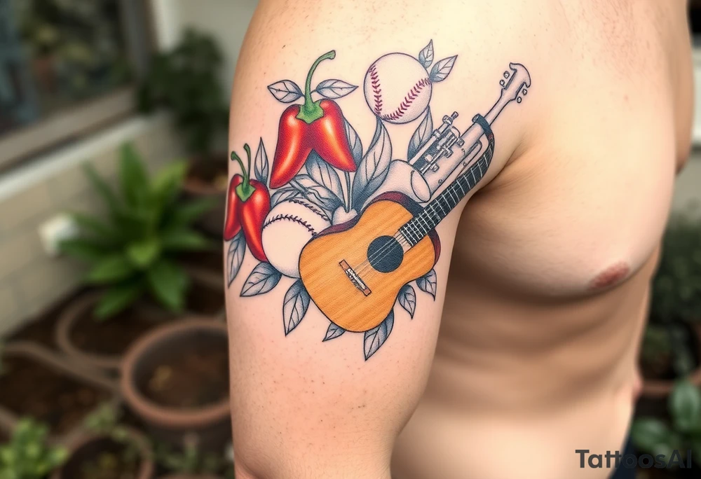 Super hot pepper plants, hot sauce, baseball, acoustic guitar, trumpet, with a gardening background tattoo idea