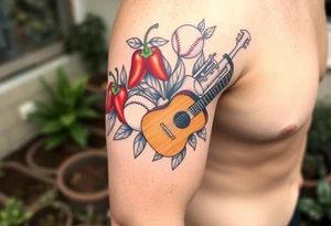 Super hot pepper plants, hot sauce, baseball, acoustic guitar, trumpet, with a gardening background tattoo idea