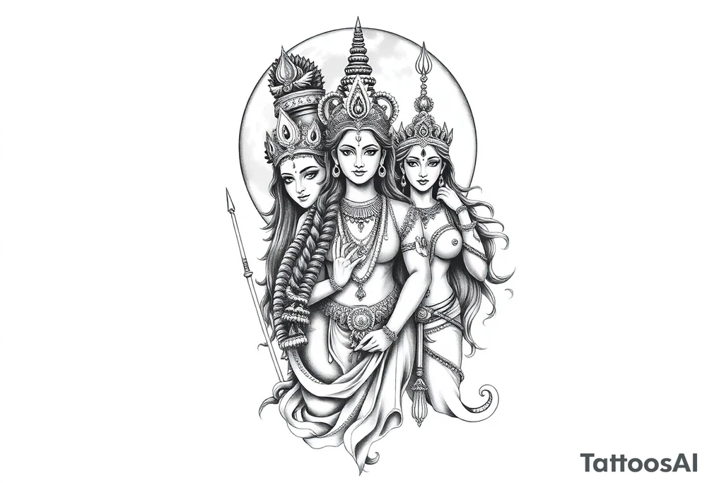 Lord Shiva, Godess Kali, Godess Lilith Together with the moon in the background tattoo idea