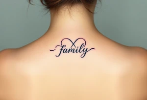 An infinity symbol with a heart-shaped infinity loop, and the word "family" elegantly placed at the center in a soft script tattoo idea