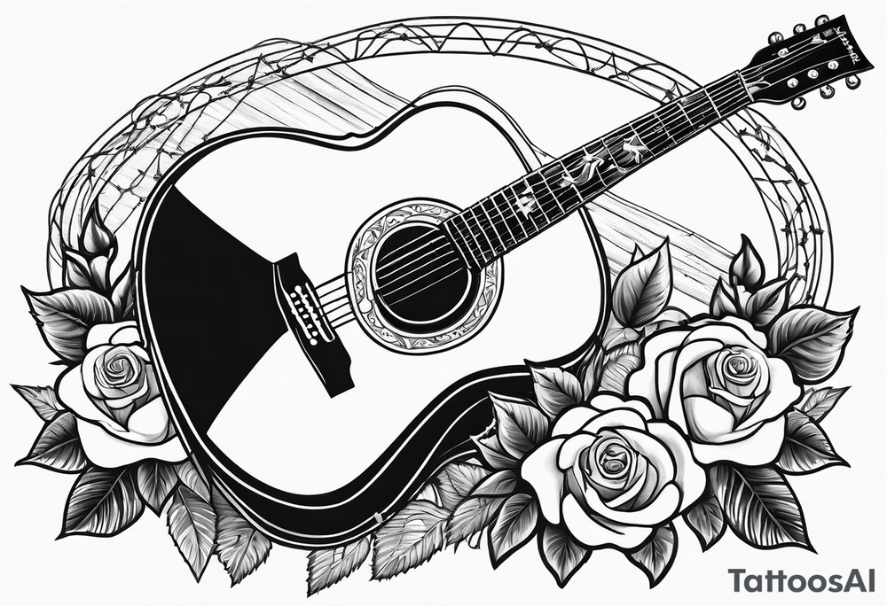 Country acoustic guitar with cowboy hat, barbed wire and roses in background tattoo idea