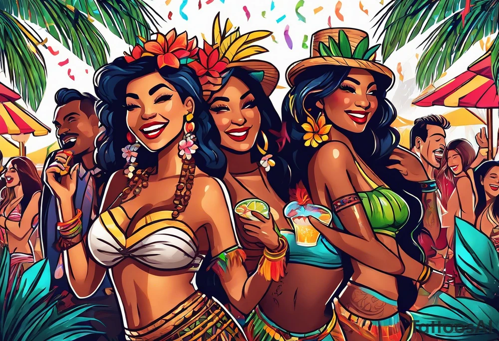 TIKI beach  dance party scene with tropical drinks, sexy girls dancing, music notes, confetti tattoo idea