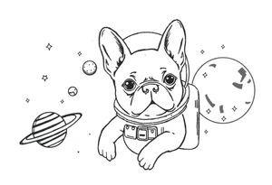 a space themed tattoo of my french bulldog mars. include elements in space like planets and stars. mars should be depicted as a astronaut tattoo idea