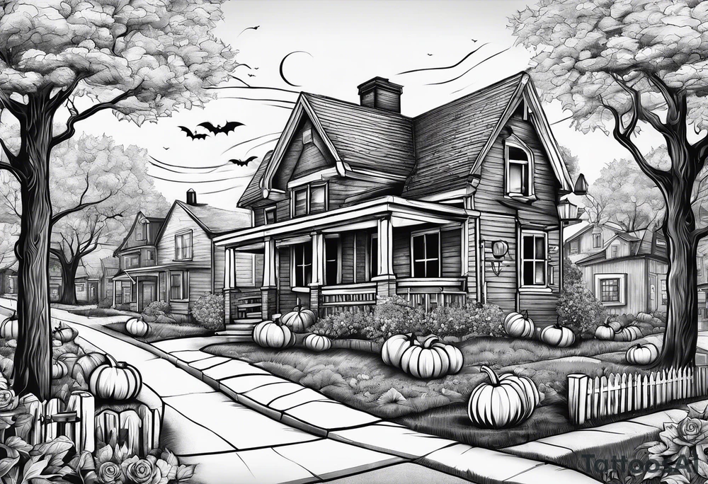 Neighborhood street in fall with Halloween pumpkin tattoo idea
