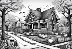 Neighborhood street in fall with Halloween pumpkin tattoo idea