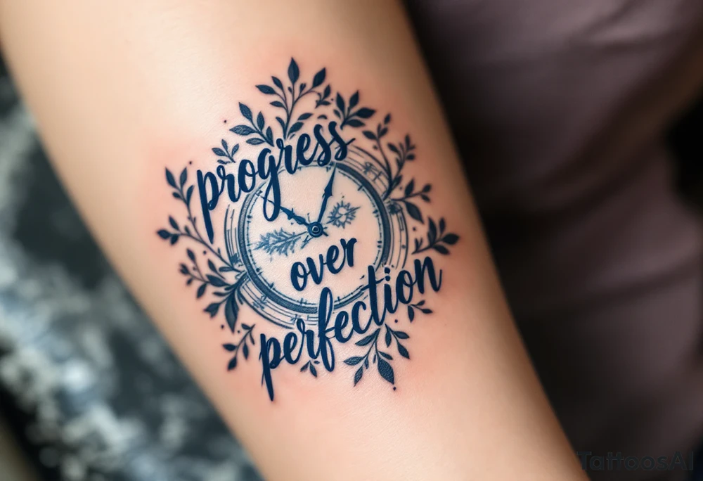 “Progress over perfection” in midnight blue, layered over a faded clock design in light gray. tattoo idea