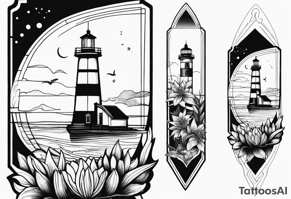 A light house with a contour lily at the bottom tattoo idea