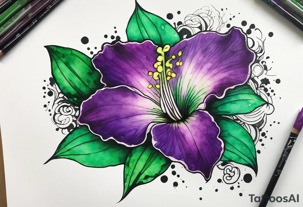 A mystical outline of a green and purple rio dipladenia flower and a green and purple watercolor splash in the background tattoo idea