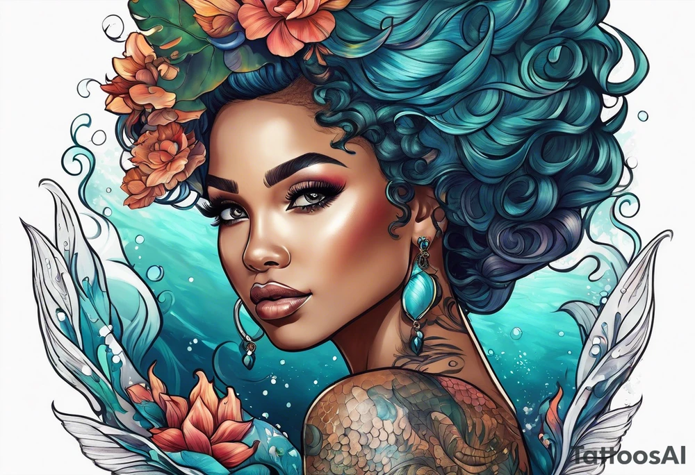 Mermaid with afro tattoo idea