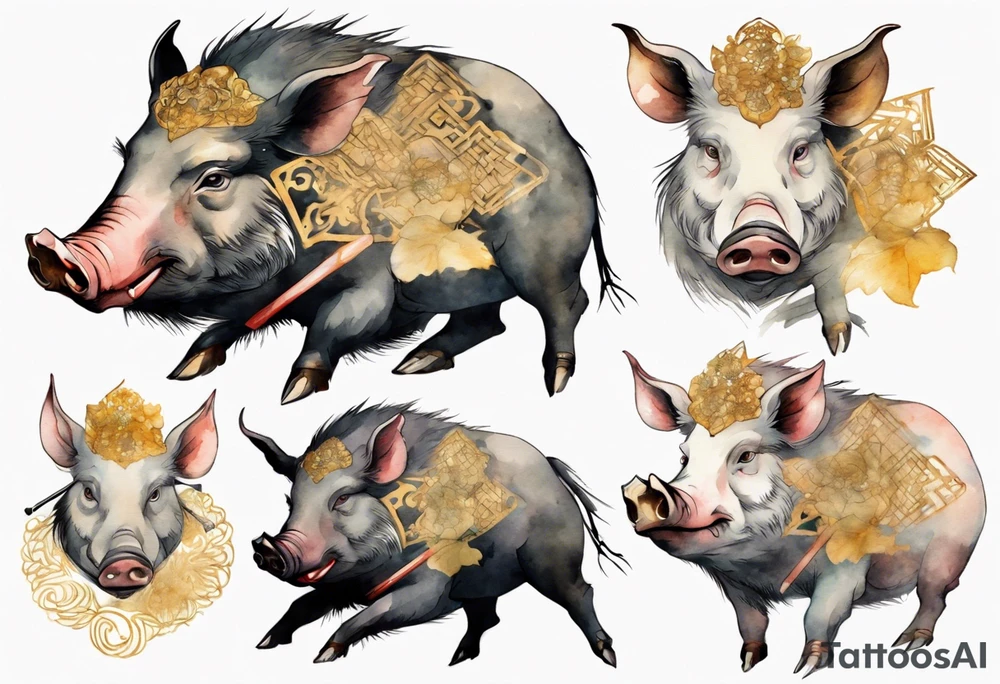an elderly boar with golden tusks tattoo idea