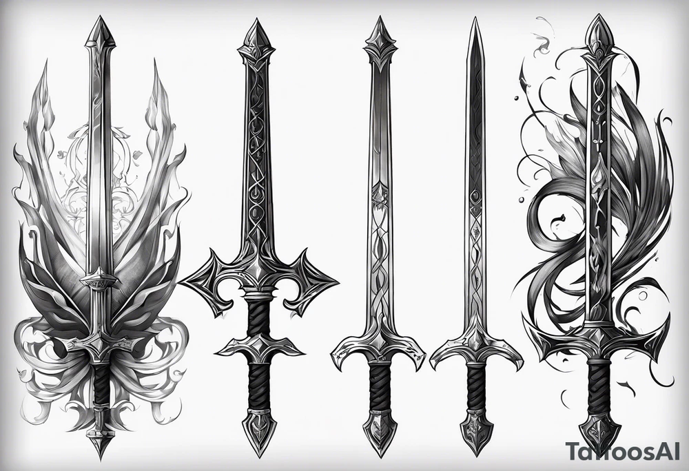 A classy sketch of the Master Sword standing upright, with subtle, delicate symbols of the elements—flame, water droplet, leaf, and wind swirl—integrated into the blade and hilt tattoo idea