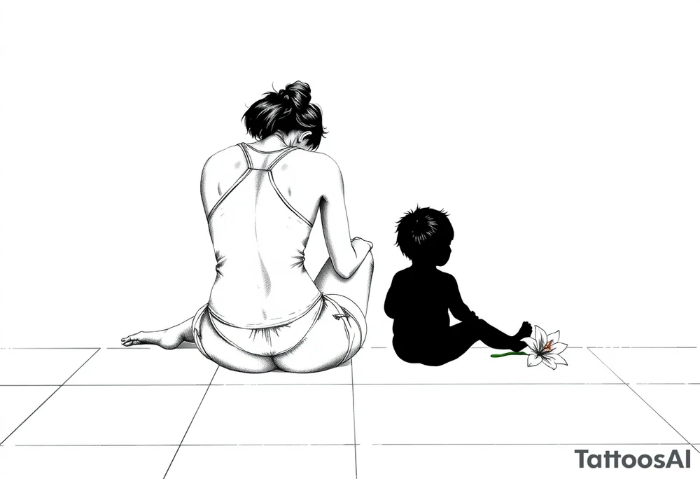 a tile floor with a minimalist realistic silhouette of the back of a thin woman sitting curled on the tile floor and a black silhouette of a young child sitting next to her with a lily next to them on the floor. The woman is wearing a Racerback tank top, running shorts, has dark hair pulled up high, and her head is down. tattoo idea