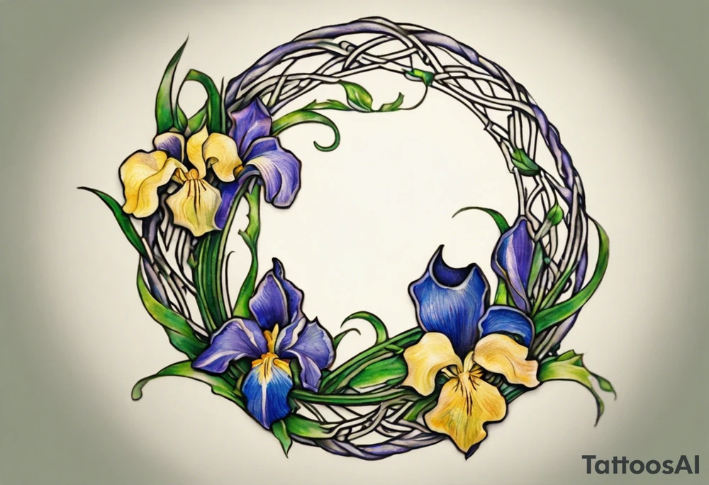 Create a small, colorful Vincent van Gogh Irises tattoo in the form of a crescent, with vines in Celtic knot style gracefully intertwining at a central point in the middle of the wreath. The intended placement is on the upper chest. The middle needs mountains. The overall design should be small in size while maintaining a delicate and artistic aesthetic. Pay attention to the graceful flow of the vines and the placement of the irises to achieve a refined and elegant look. tattoo idea