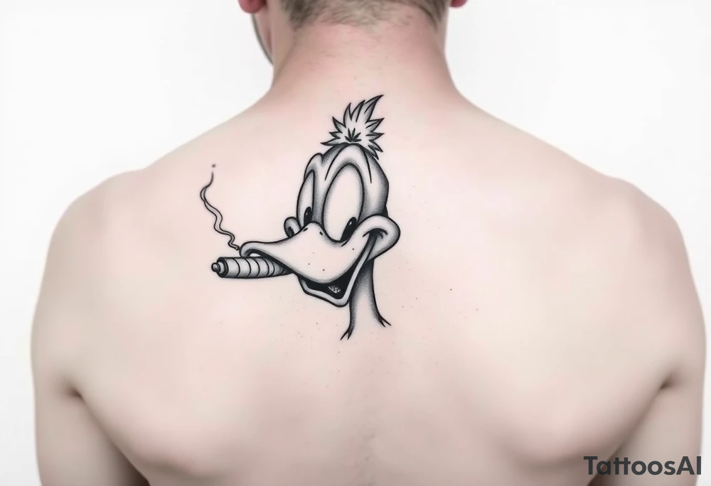 Older Daffy duck smoking a blunt of marijuana tattoo idea