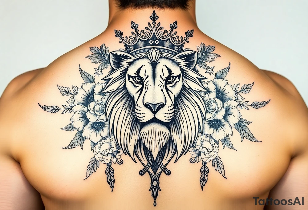 powerful majestic lion with a crown, surrounded by floral ornaments and birds tattoo idea