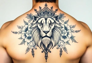 powerful majestic lion with a crown, surrounded by floral ornaments and birds tattoo idea