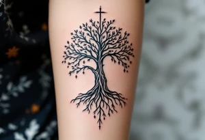 mystical tree of life with cosmic roots and celestial branches tattoo idea