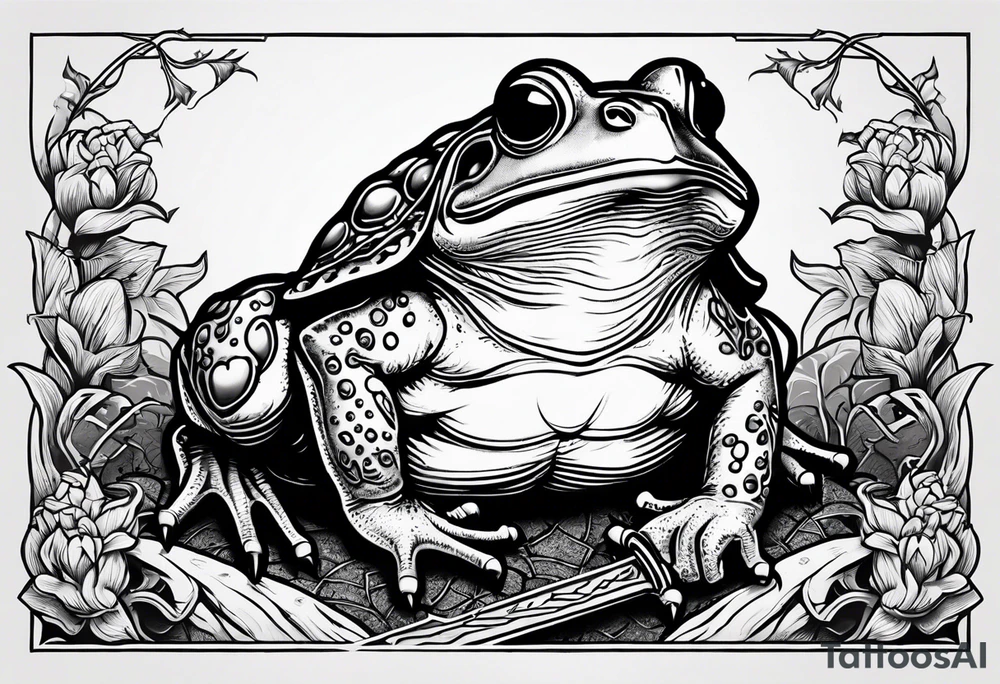 toad with sword; samurai sword Is pointing down(sword stuck in the ground) as if the toad was standing; no clothes tattoo idea