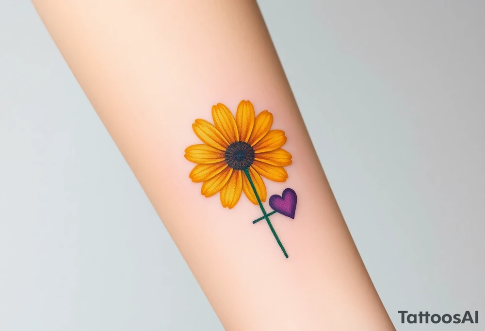 Simple yellow daisy with Purple Hearts & cross tattoo idea