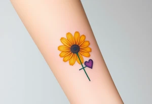 Simple yellow daisy with Purple Hearts & cross tattoo idea