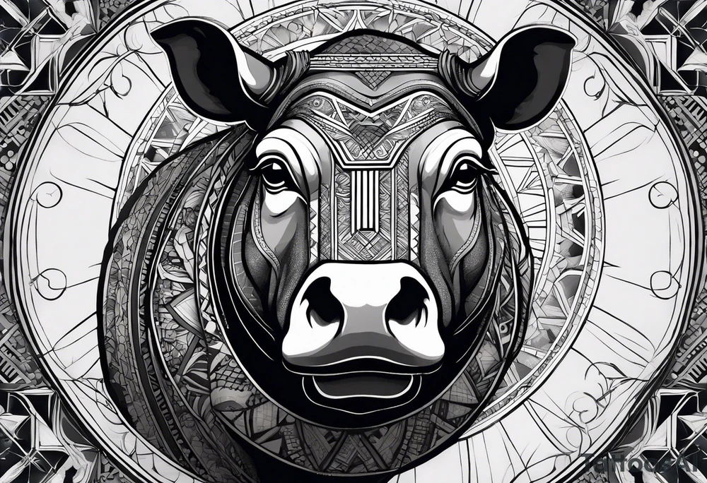 Very asymmetrical, +geometric pattern, with realistic full moon, with hippo,+tribal, +geometric, +inkart , +blackwork, +grey scale, + sketch
with wintersweet flower bud, +for men, detailed layering , modify from my favourites , not like a cow tattoo idea