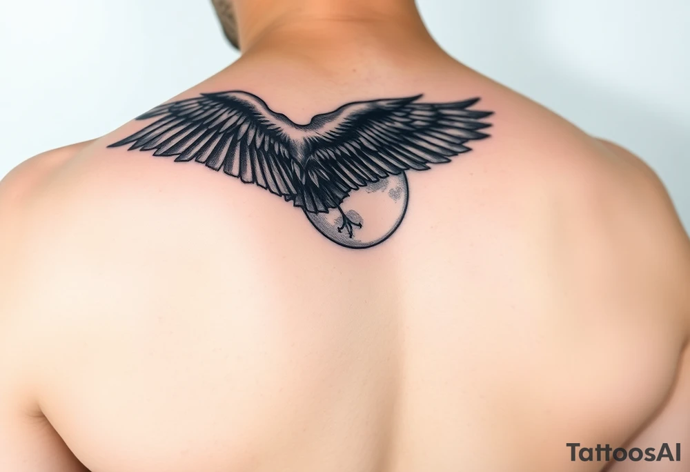 Raven from side view with wing out over moon tattoo idea