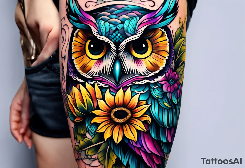 Leg Sleeve with teal, pink and purple owl and yellow sunflowers tattoo idea