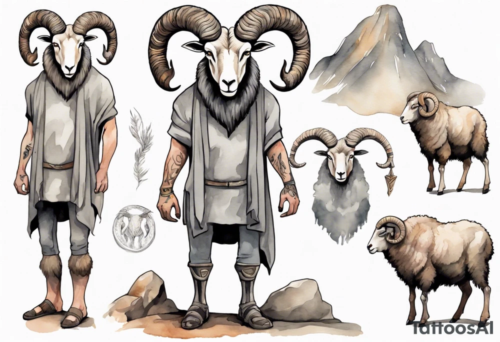 a solitary big-horned sheep with the arms and legs of a broad-shouldered man, wearing a grey tunic standing before a cave with cloven hooves for feet tattoo idea