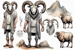 a solitary big-horned sheep with the arms and legs of a broad-shouldered man, wearing a grey tunic standing before a cave with cloven hooves for feet tattoo idea