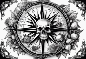 Compass, oyster with pearl, shells, starfish, skull tattoo idea