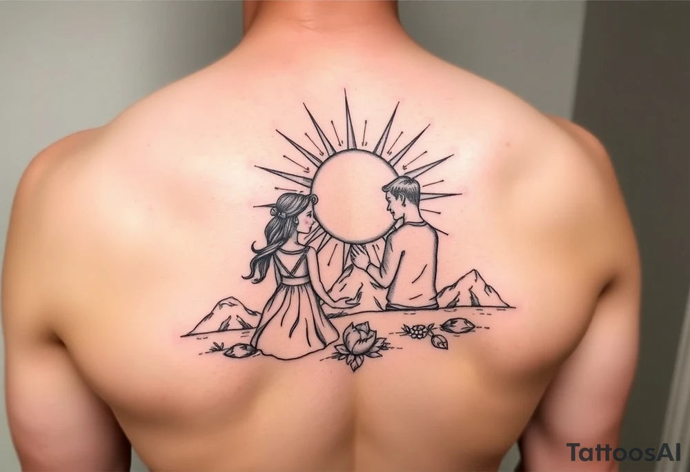 2 daughters and father in as siluetes of sun tattoo idea