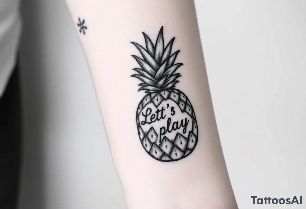 A black ink wrist tattoo featuring a realistic yet minimalistic pineapple. The pineapple is finely detailed with clean, precise lines, capturing the natural texture of the fruit while keeping the design subtle and uncluttered. Inside the body of the pineapple, the phrase "Let's play" is clearly placed in a bold but not overly thick font, ensuring readability while maintaining balance with the overall design. The leaves of the pineapple have a fine-line style with slight variations in thickness for a natural feel. The tattoo blends fine details with subtle bold elements, creating a clean and modern aesthetic. tattoo idea