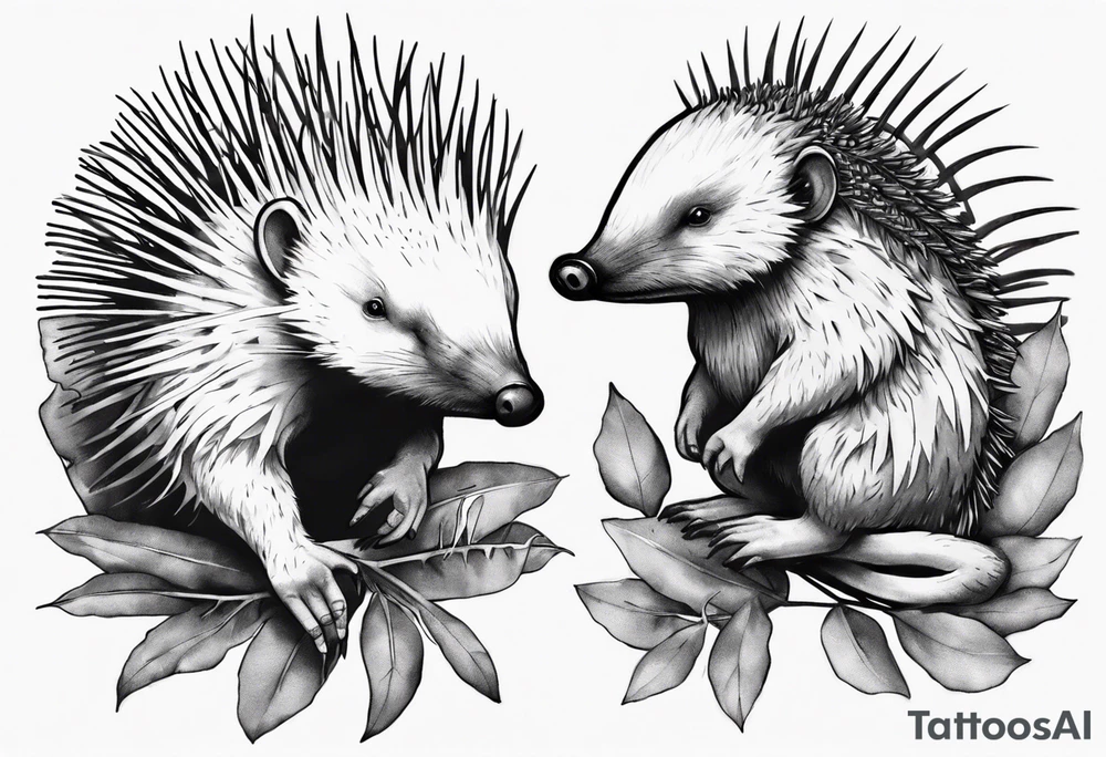 Echidna sitting on wattle and eucalyptus leaves tattoo idea