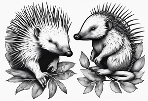 Echidna sitting on wattle and eucalyptus leaves tattoo idea