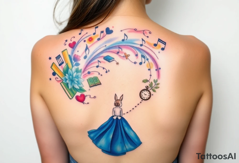 Back view of the silhouette of a girl in a blue dress. She is following a small white rabbit towards a colorful swirl with music notes, books, and flowers. A pocket watch is at the end of the swirl. tattoo idea