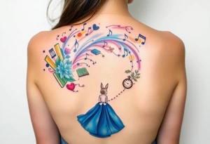 Back view of the silhouette of a girl in a blue dress. She is following a small white rabbit towards a colorful swirl with music notes, books, and flowers. A pocket watch is at the end of the swirl. tattoo idea